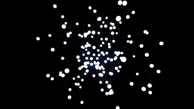 A dynamic abstract animation depicts a network of white dots and connecting lines on a black background, suggesting data or connections.