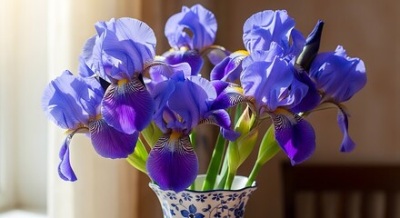 Beautiful purple irises in a blue and white floral vase indoors  flowers in bloom © TAUSIN