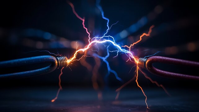 Electric energy discharge between glowing cables with high voltage lightning effect on dark background