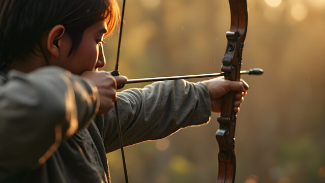archer drawing bowstring photo. ultra realistic archery image. serene precision of an archer. close-up of bow and arrow shot.