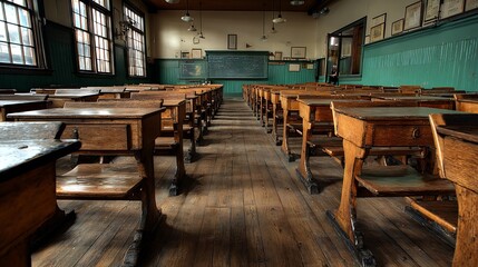Fototapeta premium Vintage Classroom with Wooden Desks and Chairs.