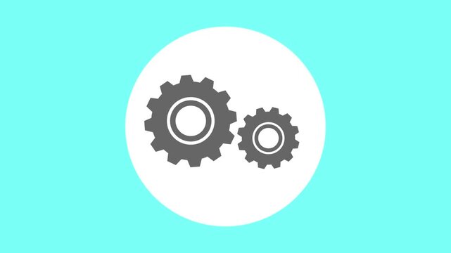 Interlocking gear icon animation on white circle. Gear icon technical industrial process. Gear icon digital technology graphic on black background for management.