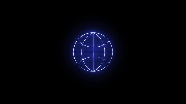Neon globe icon animation with blue glow. Neon globe icon global network and connectivity. Neon globe icon digital world map and technology graphic on black.
