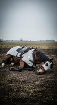 Fallen War Horse in Partial Barding Lies in Muddy Field