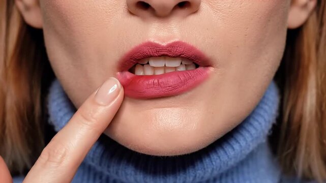 Woman with red lipstick and finger on her lips.