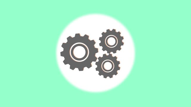 Interconnected gear icon animation in white circle. Gear icon technical industrial process. Gear icon digital technology graphic on black for management systems.