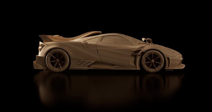 Minimalistic wooden supercar concept displayed with sleek aerodynamic proportions and studio lighting.