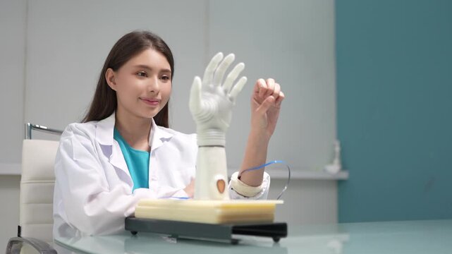 Scientist demonstrates advanced prosthetic hand technology in a modern laboratory setting
