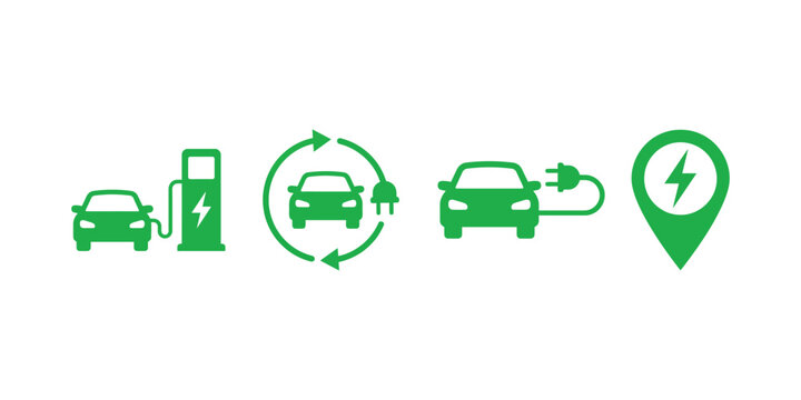 Electric vehicle icon set representing car, charging station, renewable energy, and location pin in sustainable design style