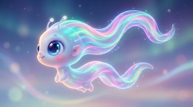 Cute glowing fantasy creature with rainbow flowing hair floating in magical starry space background