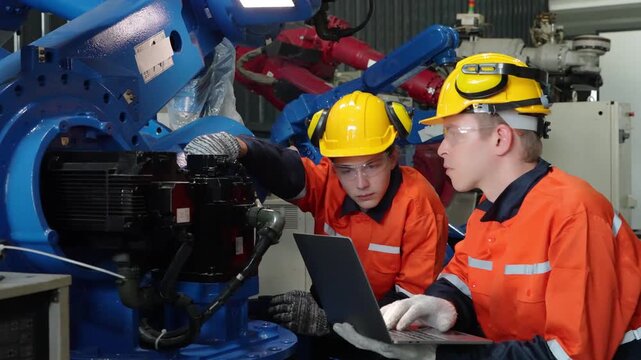 Engineers collaborate on industrial robotic arm maintenance with laptop in factory