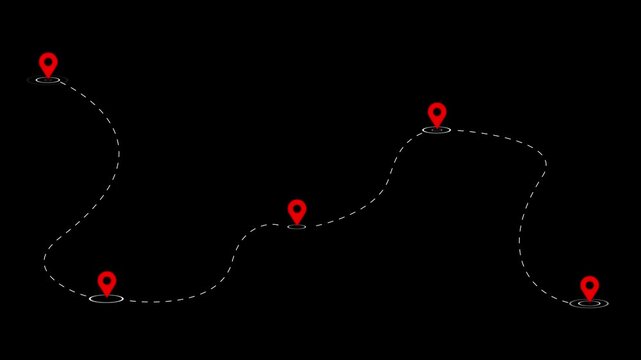 Animated route map pin background red location markers, dashed travel path, copy space. travel delivery tracking, navigation explainers, logistics promos, location titles, journey planning scenes.