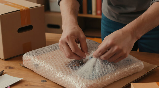 Person wraps item in bubble wrap. Someone prepares picture or frame for safe shipment using protective material. Moving house or sending parcel for delivery.