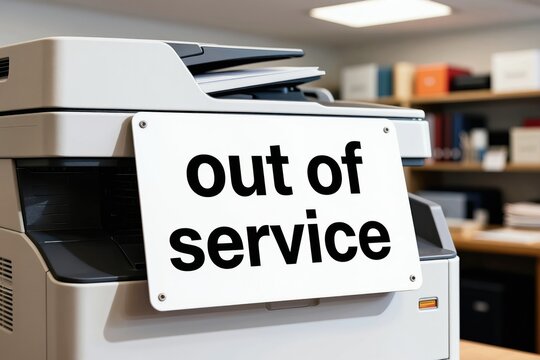 Office copier machine shows out of service sign. Broken equipment interrupts work flow. Shelves with supplies visible in background. Business administration task delay.