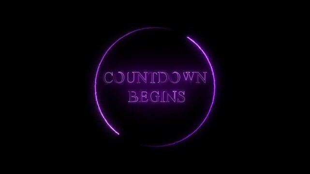 Countdown begins text animation in purple circle. Countdown begins digital word display. Countdown begins glowing word graphic on black background for intros.