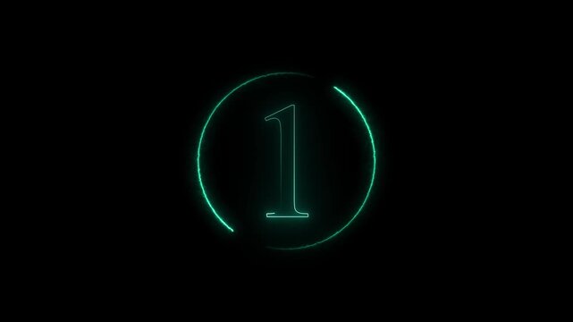 Number one animation inside teal neon circle. Number one digital numeral display. Number one technology interface graphic on black background for countdowns.