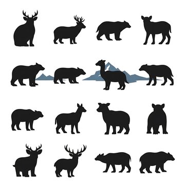 Black silhouettes of bears and deer.