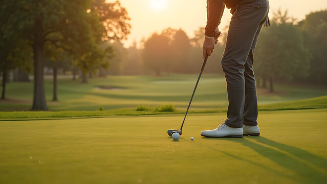 Tranquil golfer lining up putt. Ultra realistic golf photography. Capture the perfect putt moment. Serene golf course scenes in high detail.