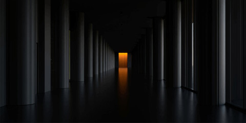 Obraz premium An ancient stone corridor features a long perspective of columns and a 3D rendered glowing light bulb illuminating the dark tunnel's interior architectural construction