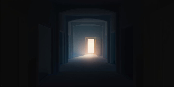 An old empty hotel hallway features a shadow across the floor leading toward a bright light at the end of the tunnel from an open door or window exit in the dark