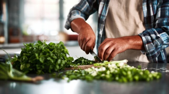 Hands chopping green spring onions on a wooden board, preparing healthy fresh ingredients for cooking in a kitchen
