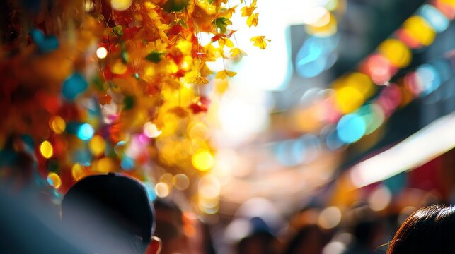 Crowd of people walking through a lively street festival, featuring colorful string lights, warm bokeh, and abstract decorations
