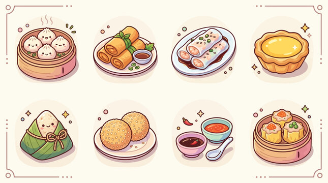 A charming collection of cute, kawaii-style illustrations depicting various popular Asian dim sum and street food dishes, presented in a delightful top-down grid layout.