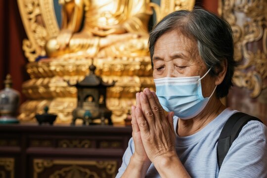 Elderly Asian woman in face mask prays hands together at Buddhist temple. She closes eyes, showing devotion near golden Buddha statue. Worships with folded palms, seeking peace and blessings.