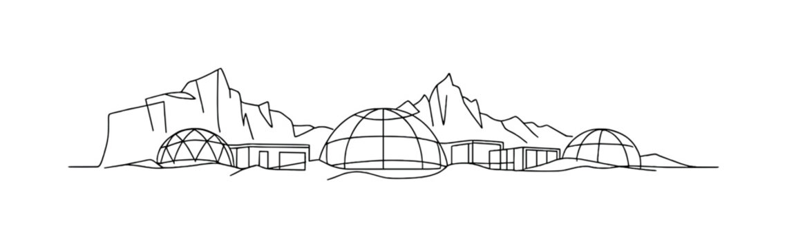 Ice architecture. Minimalistic one-line drawing transparent domes and modular structures