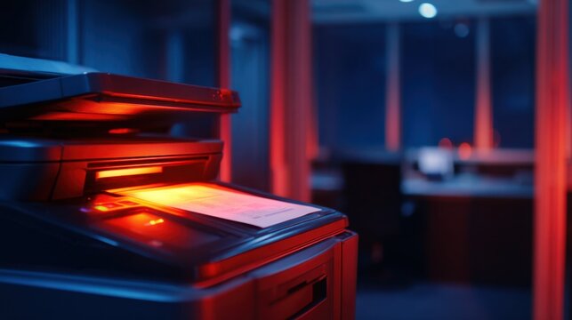 Red-lit copier in an office environment, creating a moody atmosphere with blurred background