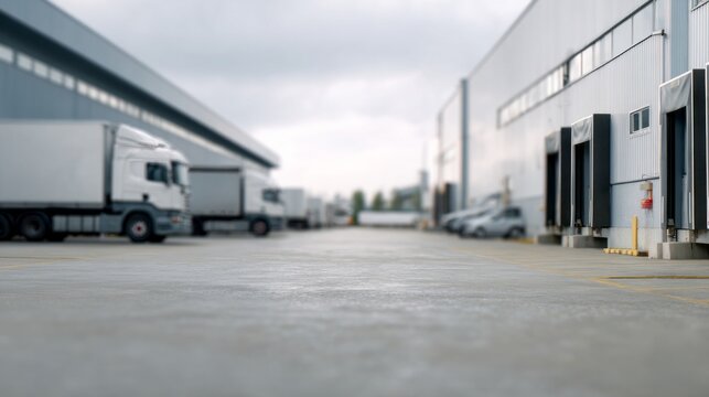 Modern distribution center featuring parked white semi trailer trucks and multiple empty loading docks on a cloudy day, representing global shipping