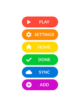 Collection of colorful application interface buttons, each displaying distinct functionality. The buttons have clean design with a curved edge style.