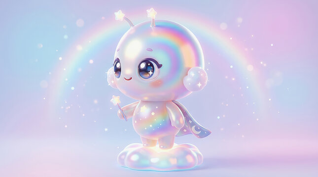 Cute iridescent alien robot character with glowing eyes and rainbow aura standing on a magical base in a dreamy pastel environment.