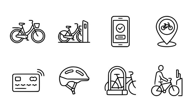 Rent a bike outline icon set with bicycle rental app booking payment and location symbols for web and mobile UI design