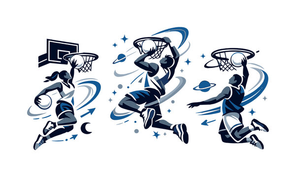 Orbital basketball. Players dunking glowing spheres through floating hoops, bodies twisting