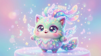 Fototapeta premium Cute magical cat with rainbow wings and musical notes floating in a dreamy pastel background, perfect for fantasy art.