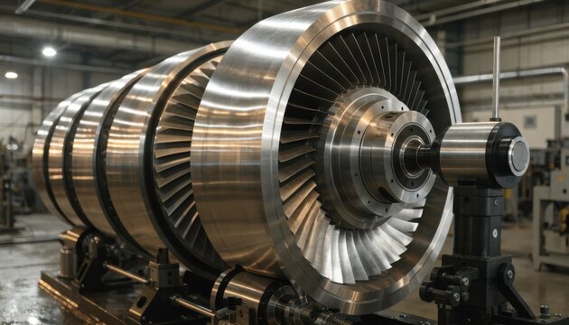 Medium shot of a large lowpressure steam turbine rotor carefully positioned on a balancing machine in an industrial workshop for precise calibration.