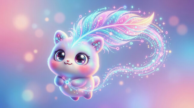 Cute magical cat with glowing feather tail floating in colorful dreamy bokeh background