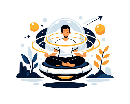 Floating Meditation Pods. Floating Meditation Pods. Person sitting in futuristic floating meditation pod,