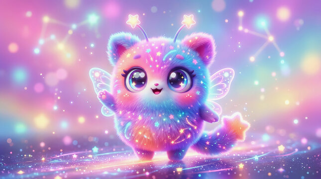 Cute magical cat with glowing wings and sparkles stands on a colorful cosmic path under a starry sky with bokeh lights.