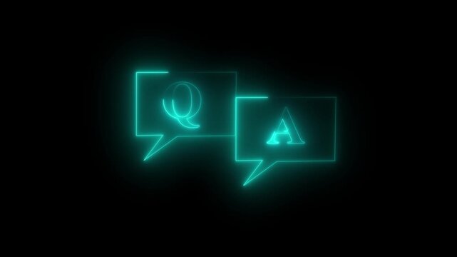 Speech bubble animation with neon light. Speech bubble digital q and a symbol. Speech bubble technology interface graphic on black background for support.