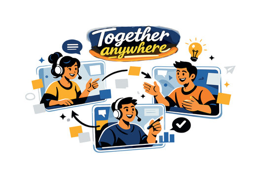 Virtual Team Innovation. Virtual collaboration. Teammates on holographic screens exchanging ideas, digital