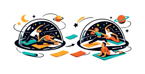 Fototapeta premium Astro yoga. Groups stretching gracefully in transparent domes while stars twinkle beyond.