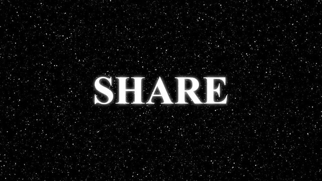Share text animation with glowing light. Share text digital social media button. Share text glowing word graphic on black background for engagement.
