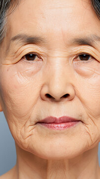 Senior Asian woman's face close-up showing wrinkles, aging skin, wisdom, and natural beauty