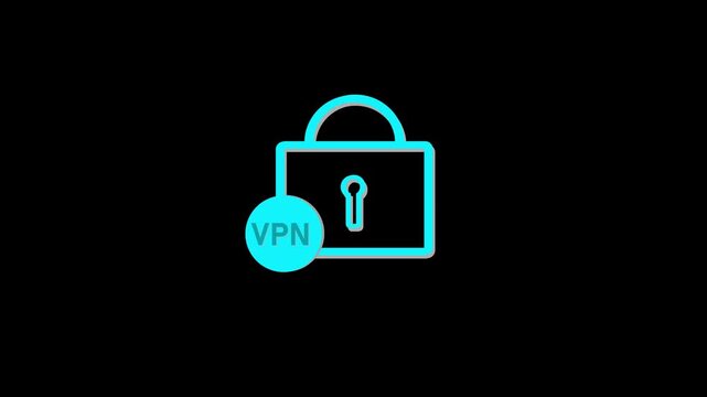 Vpn lock icon animation with glitch effect. Vpn lock icon digital security and cyan. Vpn lock icon technology graphic on black background for privacy.
