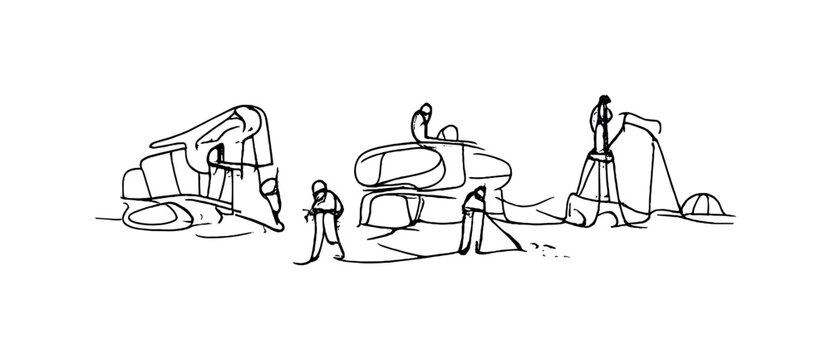 Martian Redesign. Terraforming construction. Minimalistic one-line drawing humans operating futuristic