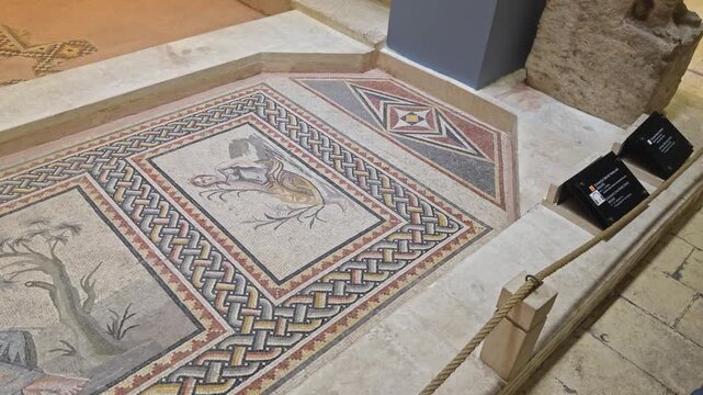Cinematic 4K close-up of the Roman River Gods mosaic in Zeugma Museum. Features detailed depictions of Euphrates, Achelous, and Peneus from the ancient Poseidon Villa.