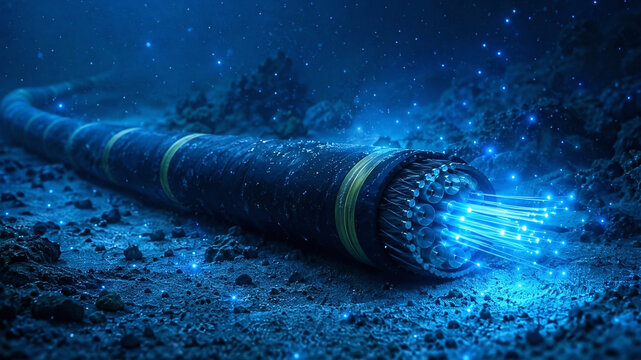 Submarine Fiber Optic Cable Network on Ocean Floor &ndash; Global Internet Infrastructure Concept.