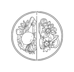 Fototapeta premium Fusion Plate Art. Modern-traditional blend. Minimalistic one-line drawing a plate with half traditional dish
